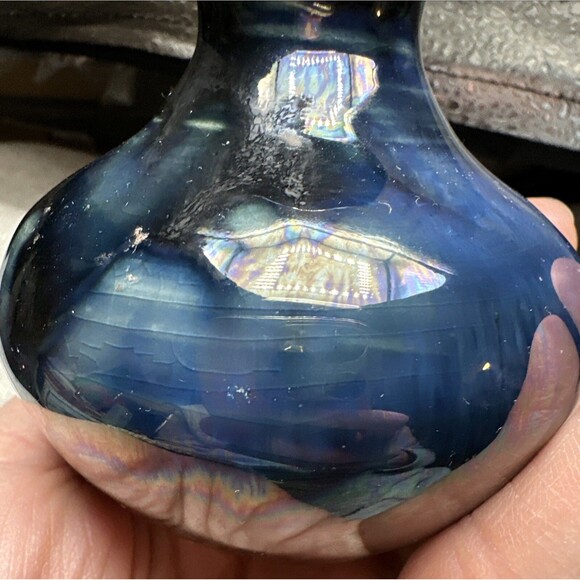 Small Bud Vase Art Pottery Metallic Blues Glazed Handmade 3.25” - Picture 10 of 16